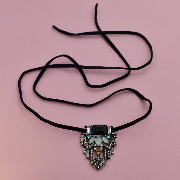 Blue crystal charm choker, thin black velvet lace choker necklace - Picture 2 of 4